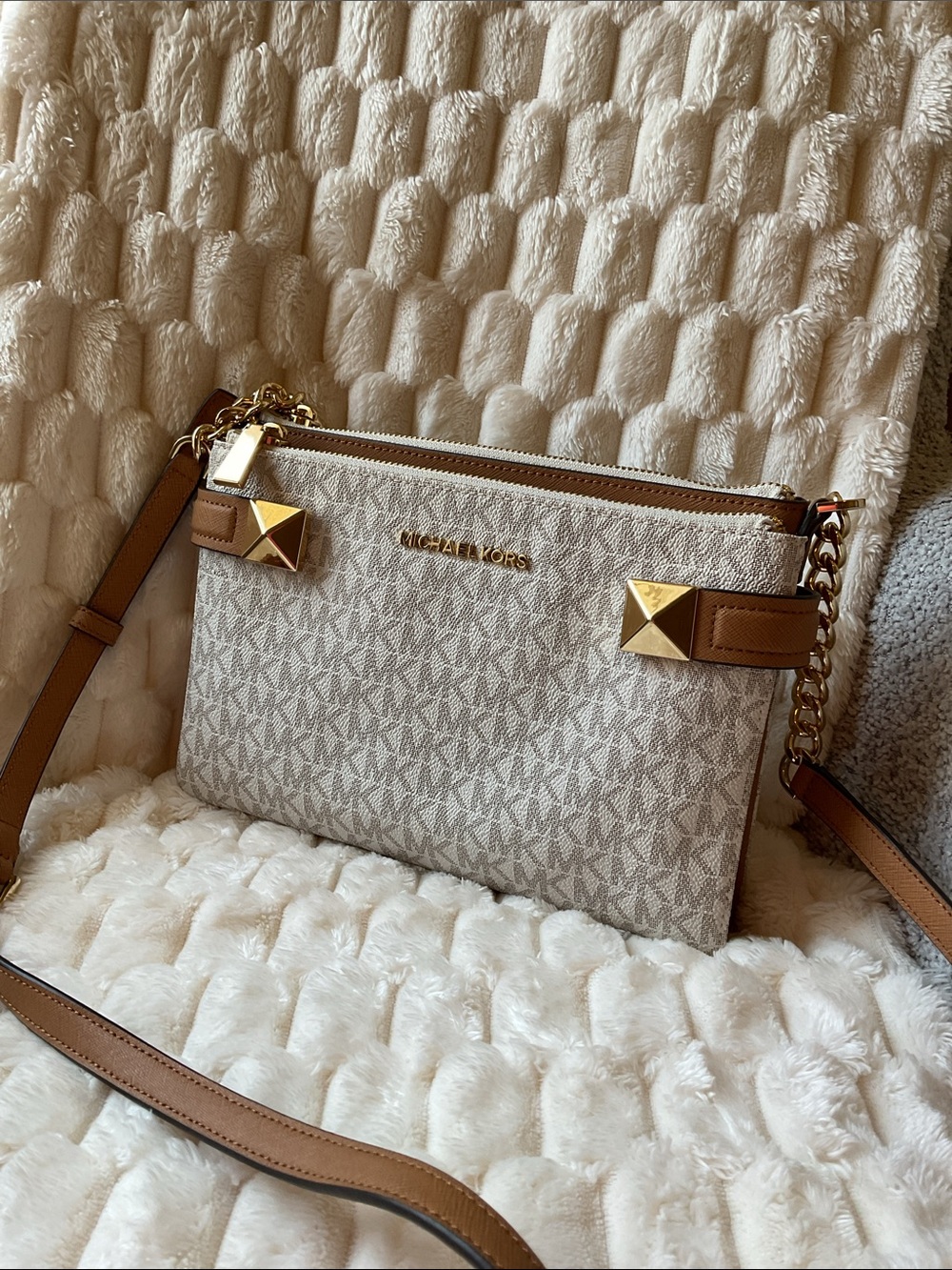Michael Kors Beige Signature Canvas Crossbody with Tan Trim and Gold Accents